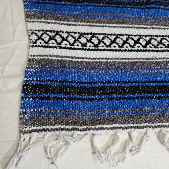 Vint Mexican Blanket Throw Baja Falsa Southwest Blue White Black Stripe 70"x48" - Picture 4 of 10